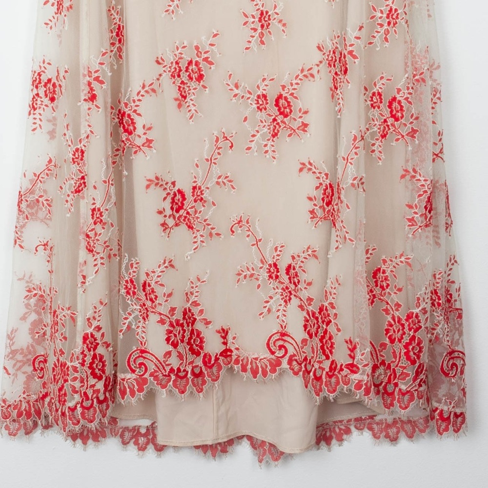 Alice + Olivia Kira Maxi Dress Embroidered Floral Sheer Nude Red Romantic Size 6 - Picture 5 of 9